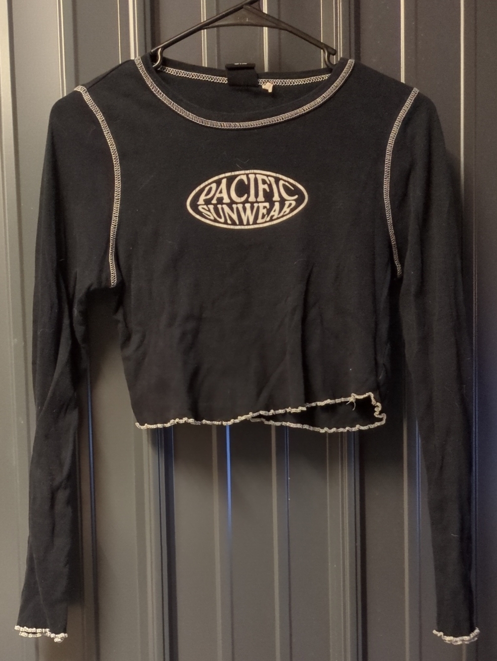 Pacific Sunwear Black Long Sleeve Cropped Top with White Stitching